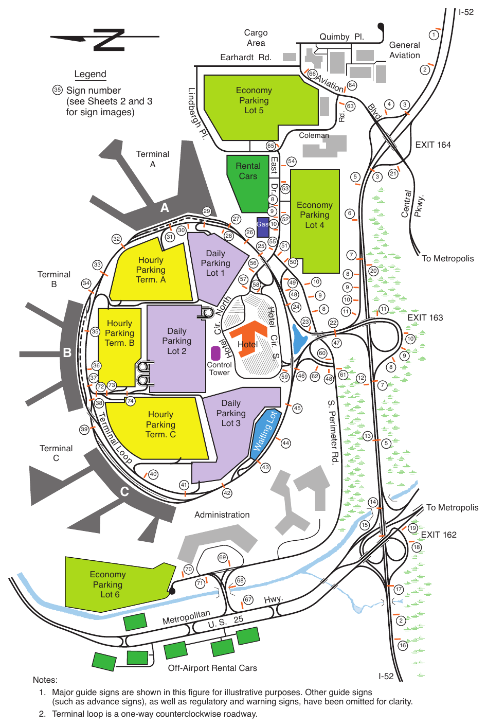 Figure 2D-39. Example of a System of Major Guide Signs for an Airport Roadway Network (Sheet 1 of 3)