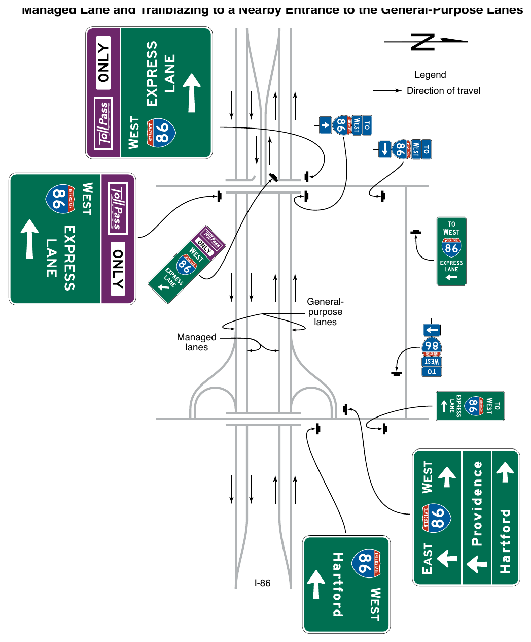 Figure 2G-30. Examples of Guide Signs for a Direct Entrance Ramp to a Priced Managed Lane and Trailblazing to a Nearby Entrance to the General-Purpose Lanes