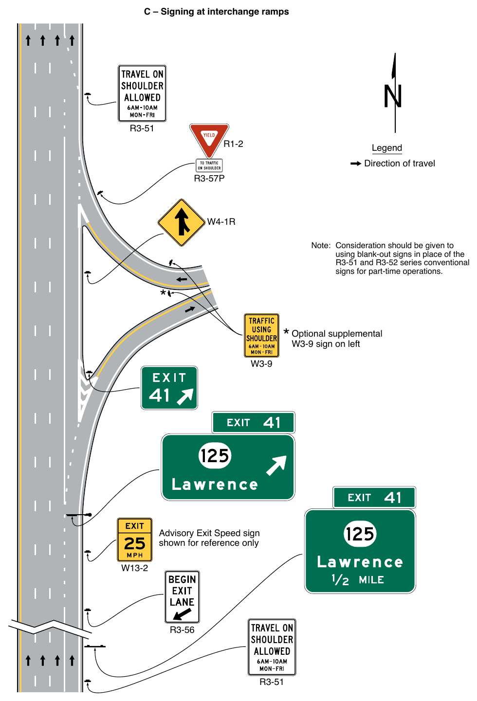 Figure 2G-32. Examples of Signing for Part-Time Travel on a Shoulder (Sheet 2 of 4)