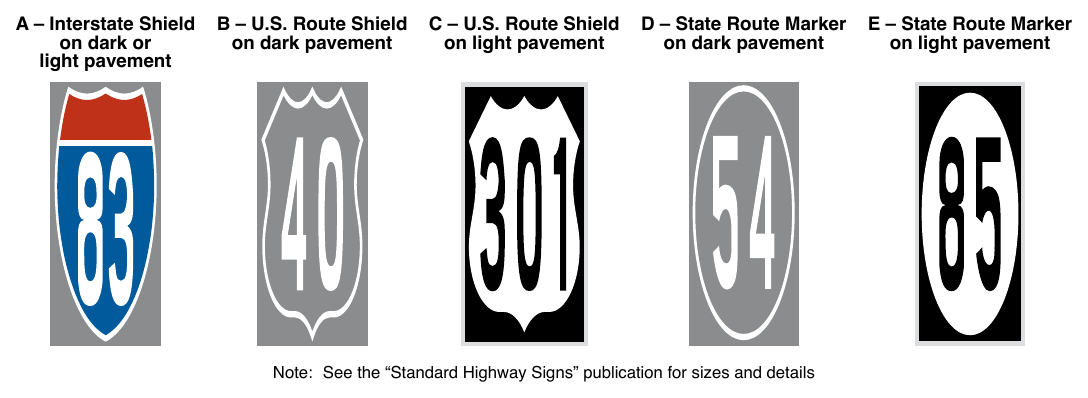 Figure 3B-18. Examples of Elongated Route Shields and Markers Applied as Pavement Markings