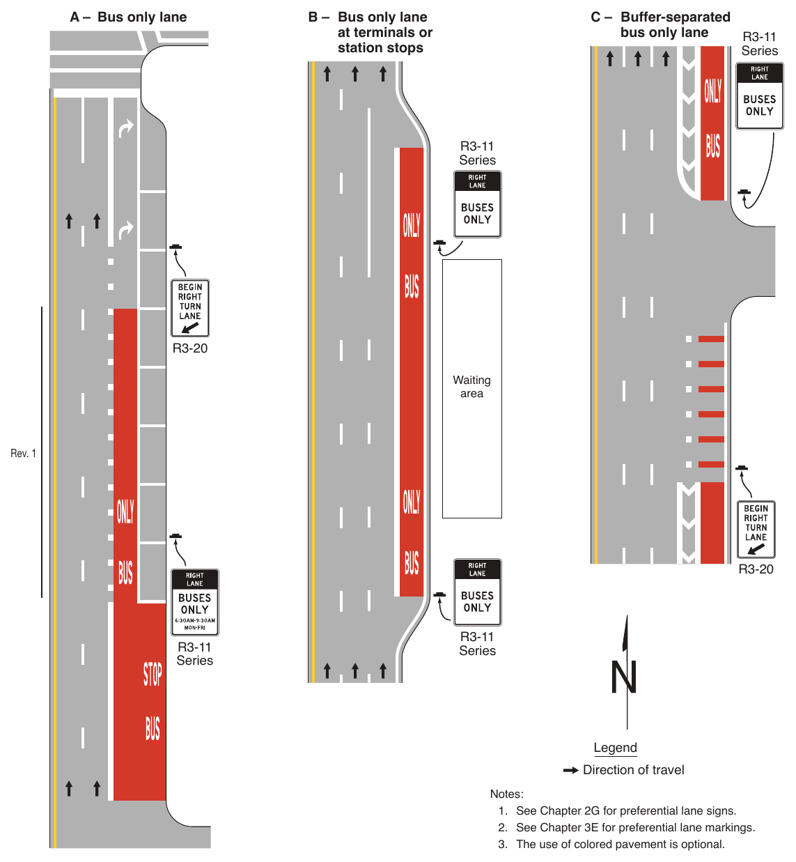 Figure 3H-5. Examples of Red-Colored Pavement Applications