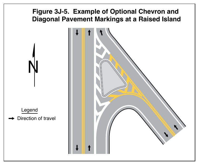 Figure 3J-5. Example of Optional Chevron and Diagonal Pavement Markings at a Raised Island