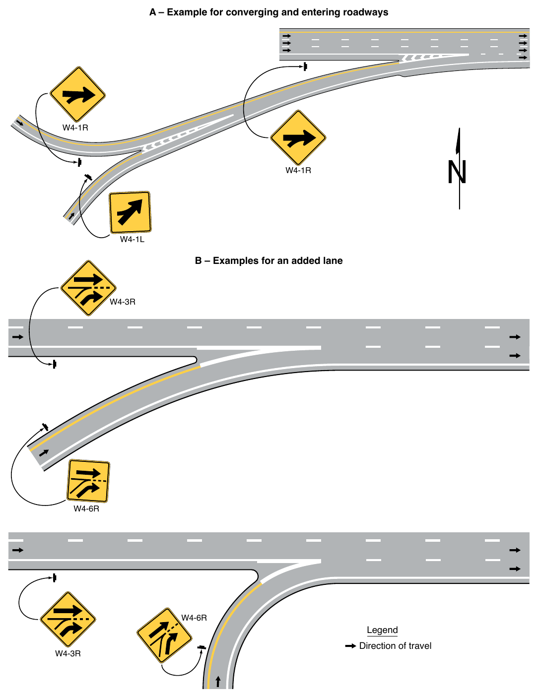 Figure 2C-12. Examples of Merge and Added Lane Sign Placement for Entering and Converging Roadways