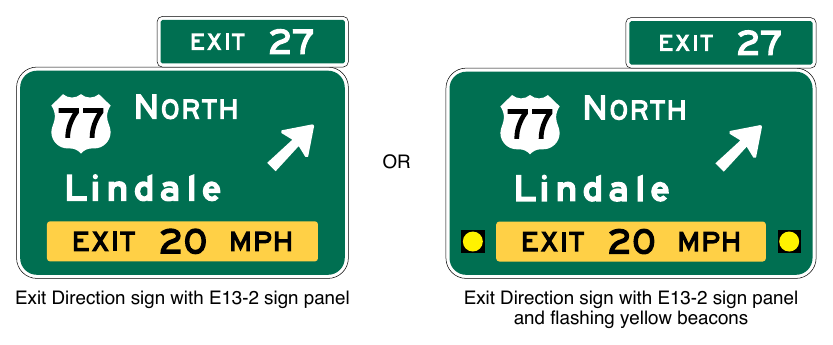 Figure 2E-14. Examples of Exit Direction Signs with Advisory Speed Panels and Flashing Yellow Beacons