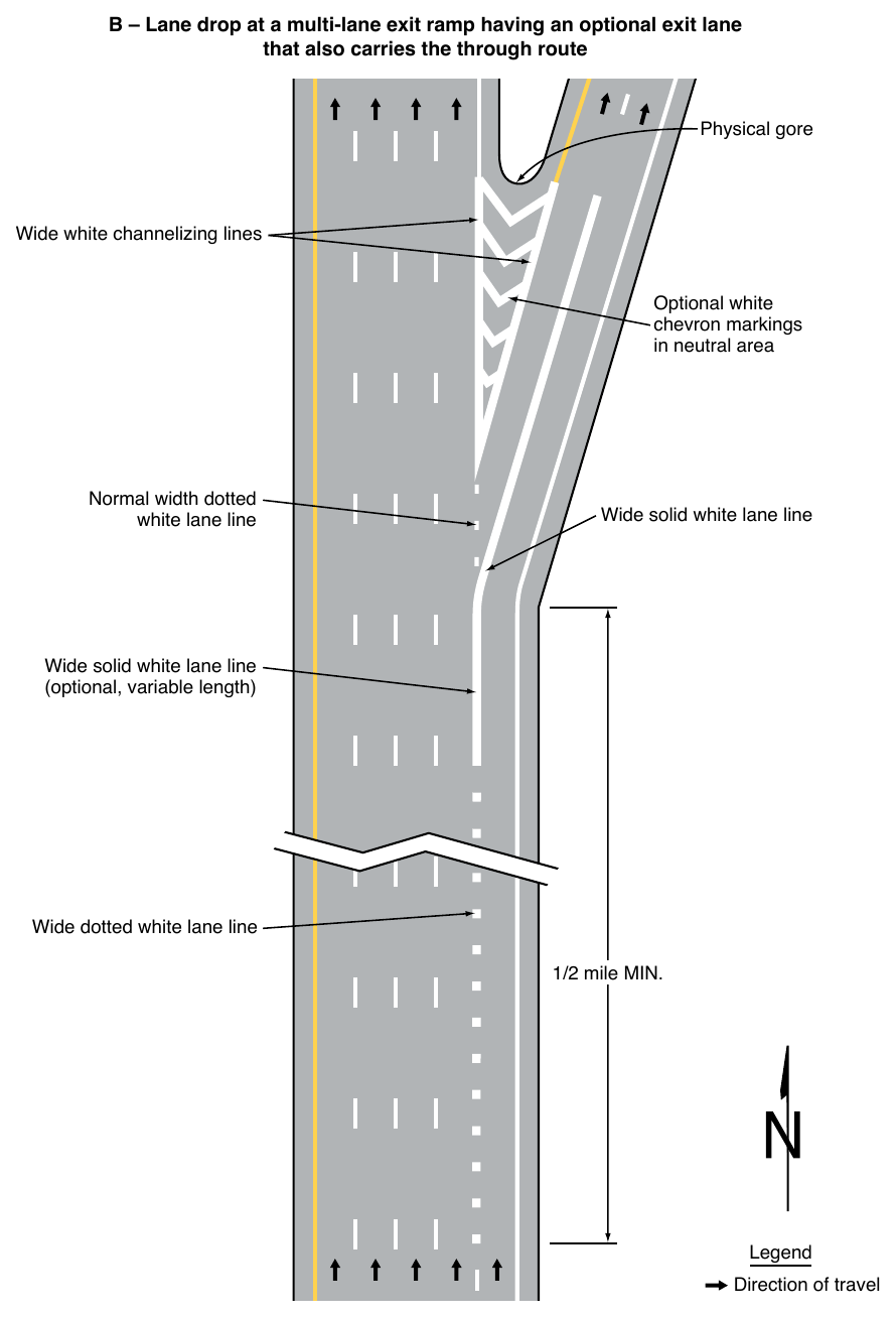 Figure 3B-11. Examples of Applications of Freeway and Expressway Lane-Drop Markings (Sheet 2 of 6)