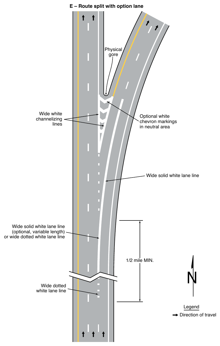 Figure 3B-11. Examples of Applications of Freeway and Expressway Lane-Drop Markings (Sheet 5 of 6)