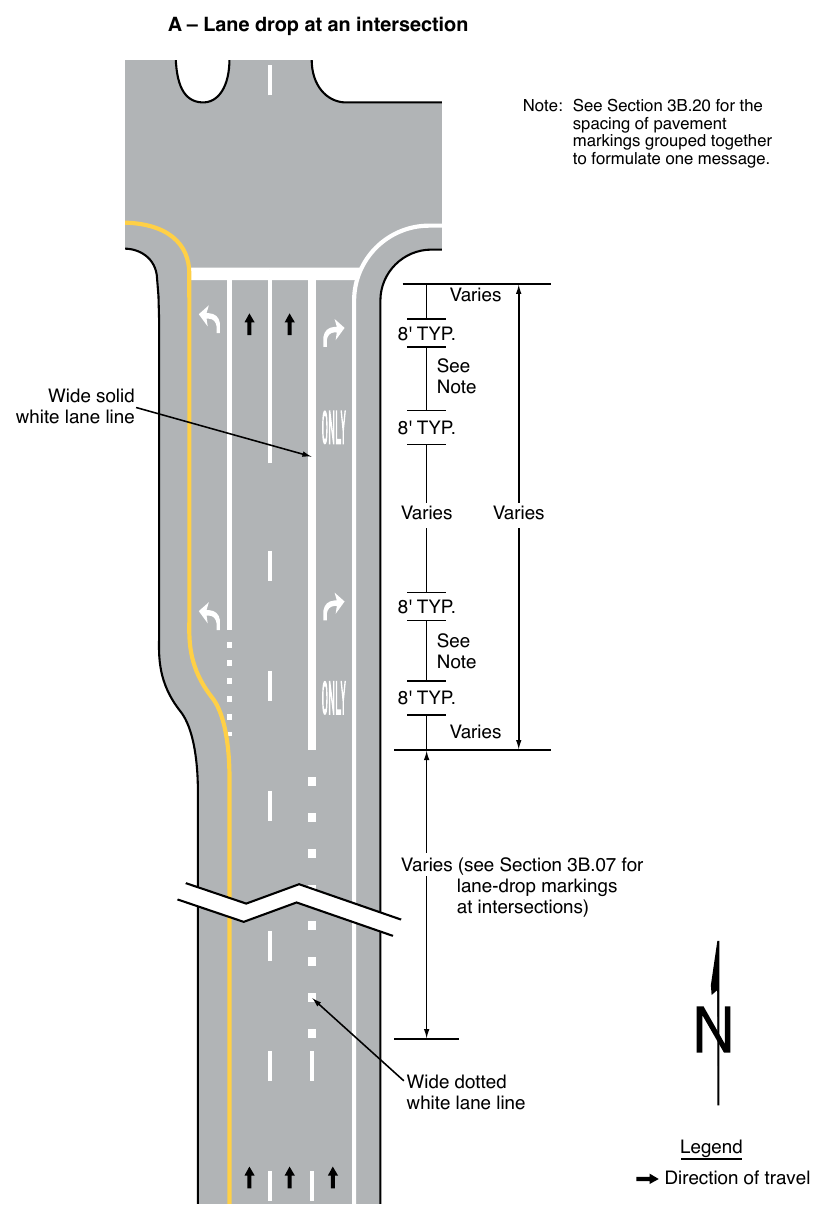 Figure 3B-12. Examples of Applications of Conventional Road Lane-Drop Markings (Sheet 1 of 2)