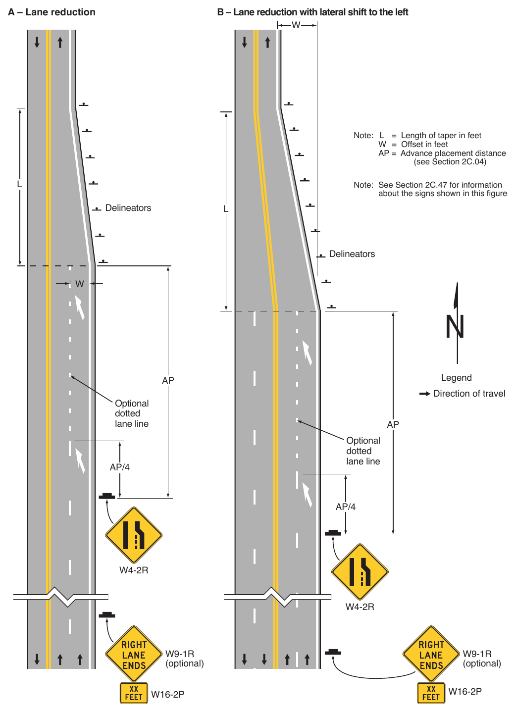 Figure 3B-14. Examples of Applications of Lane-Reduction Transition Markings