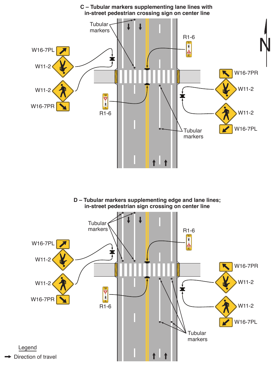 Figure 3I-1. Examples of Tubular Markers Supplementing Pavement Markings in Advance of an Unsignalized Crosswalk (Sheet 2 of 2)