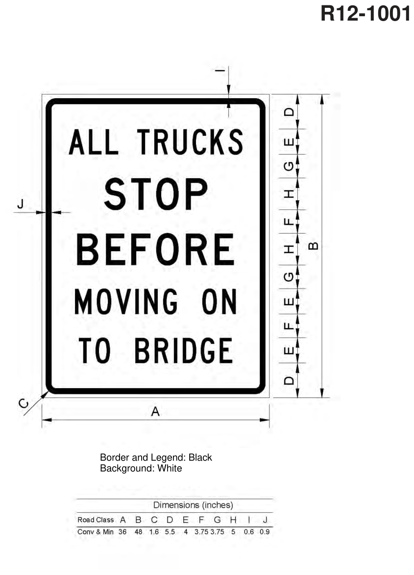 R12-1001: ALL TRUCKS STOP BEFORE MOVING ON BRIDGE (design sheet)