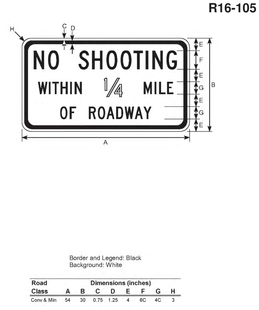 R16-105: NO SHOOTING WITHIN 1/4 MILE OF THE ROADWAY (design sheet)