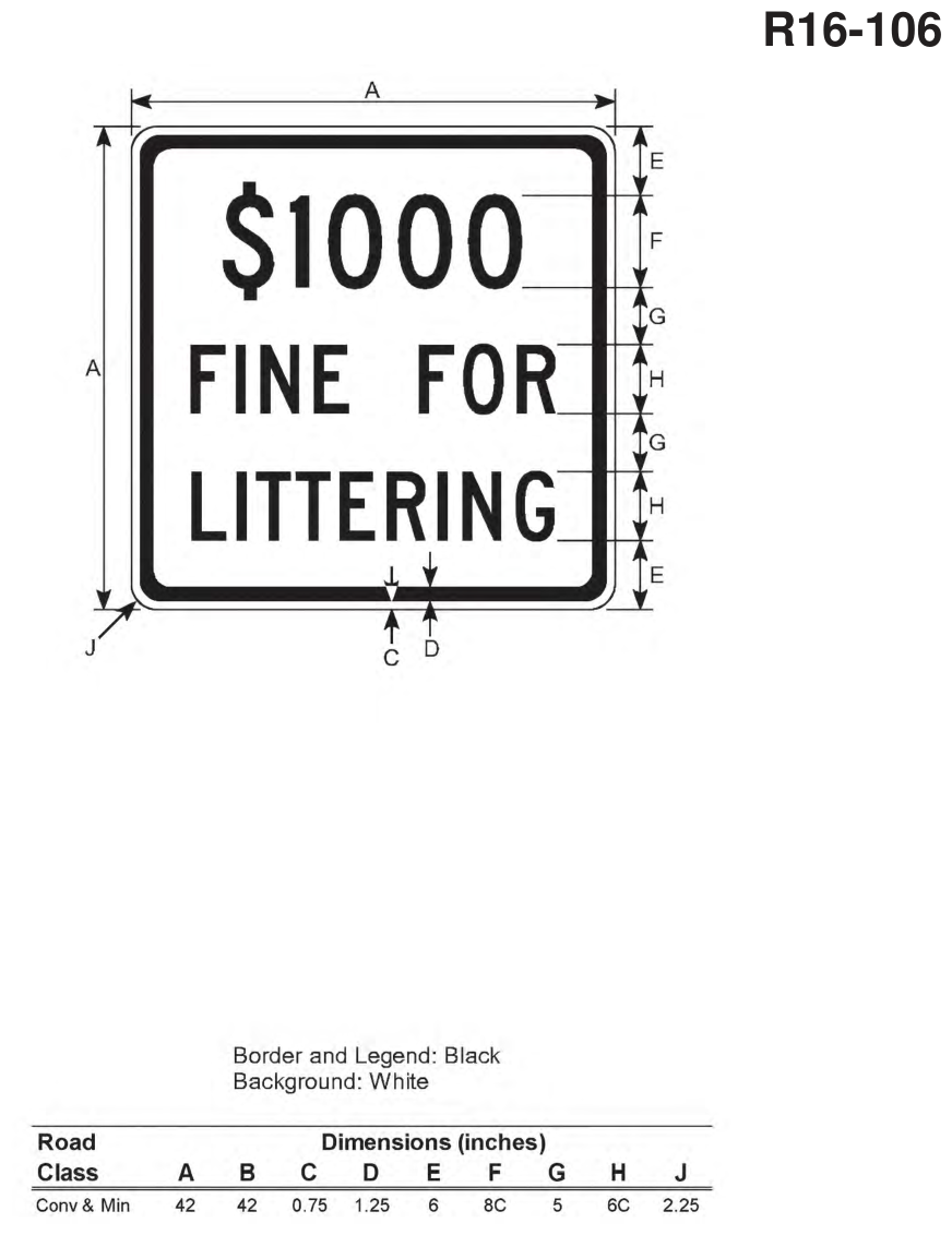 R16-106: $1000 FINE FOR LITTERING (design sheet)