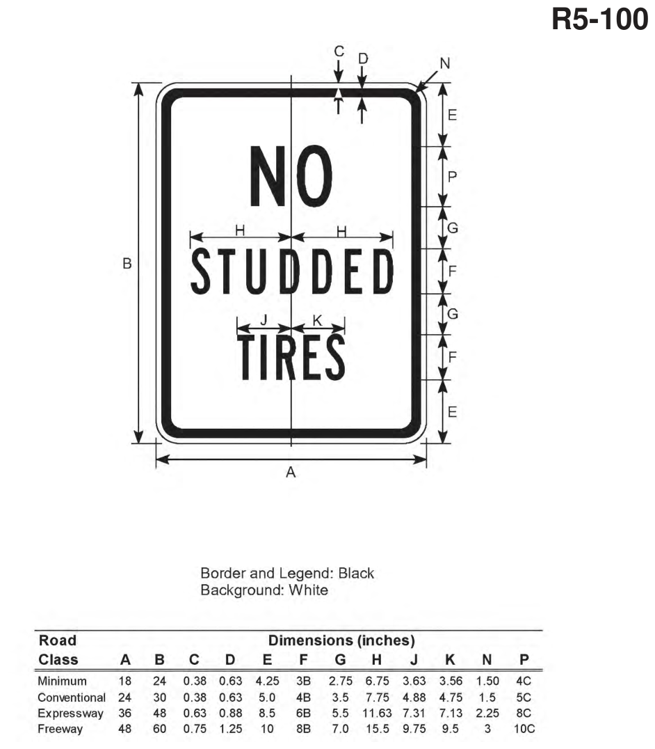 R5-100: NO STUDDED TIRES Sign (design sheet)