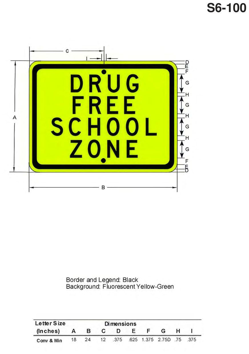S6-100: DRUG FREE SCHOOL ZONE Sign (design sheet)