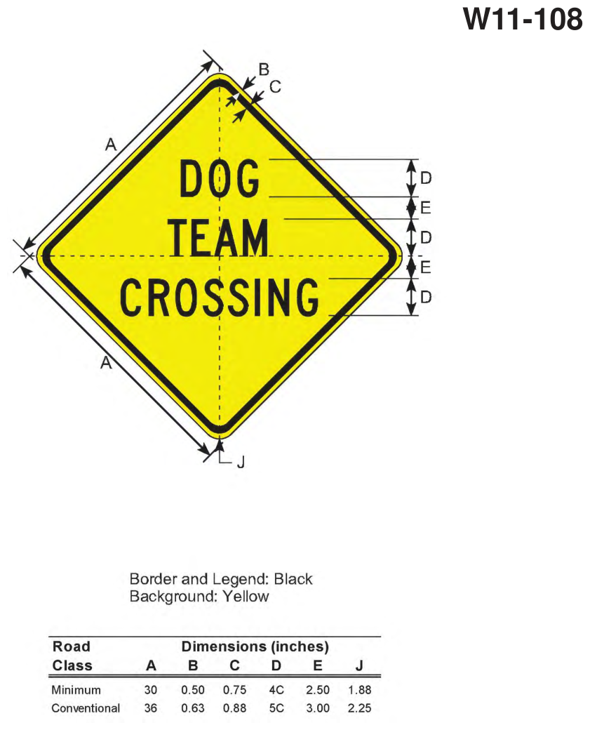 W11-108: DOG TEAM CROSSING Sign (design sheet)