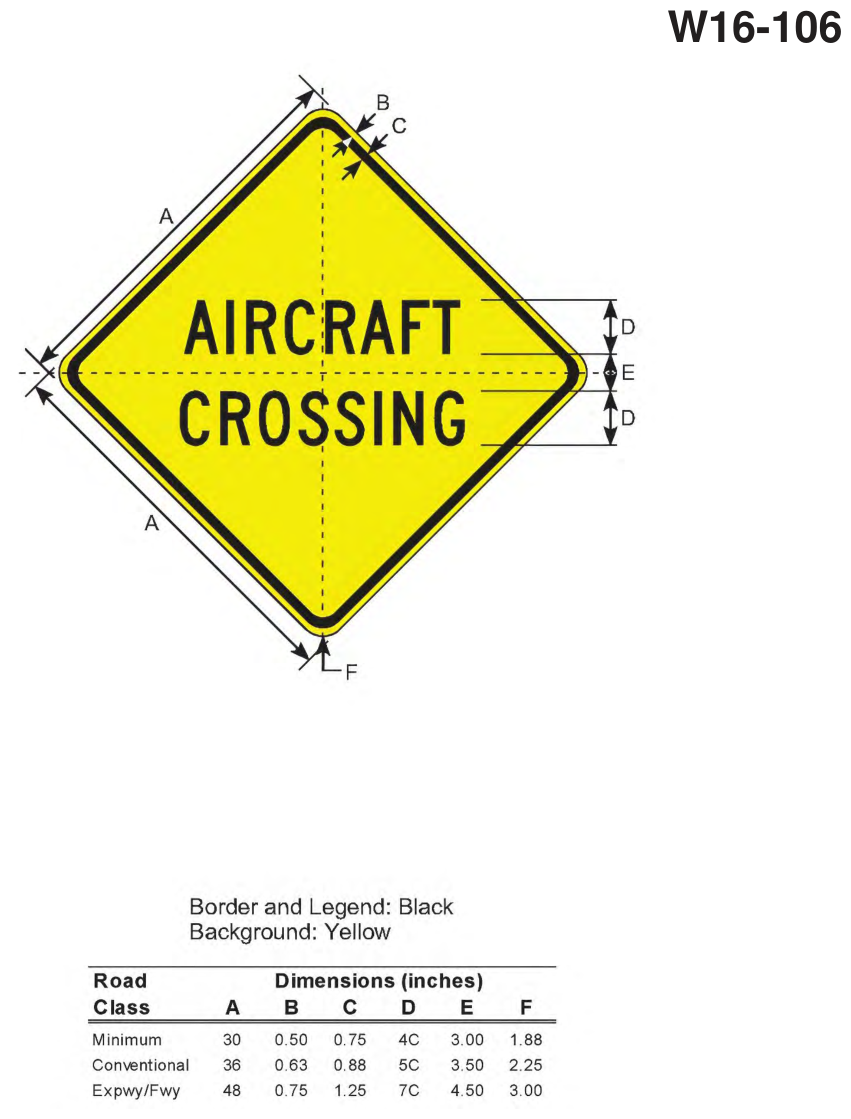 W16-106: AIRCRAFT CROSSING Sign (design sheet)