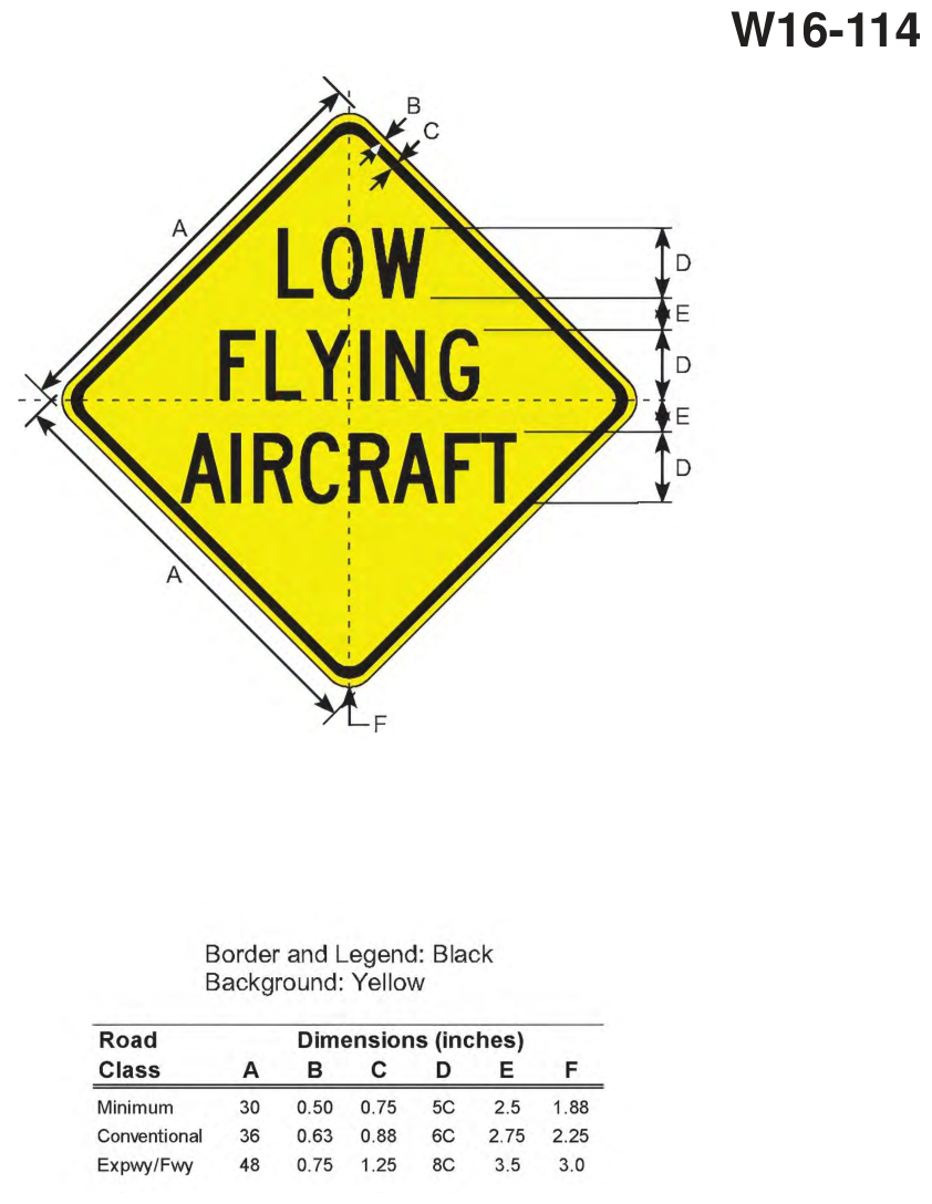 W16-114: LOW FLYING AIRCRAFT Sign (design sheet)