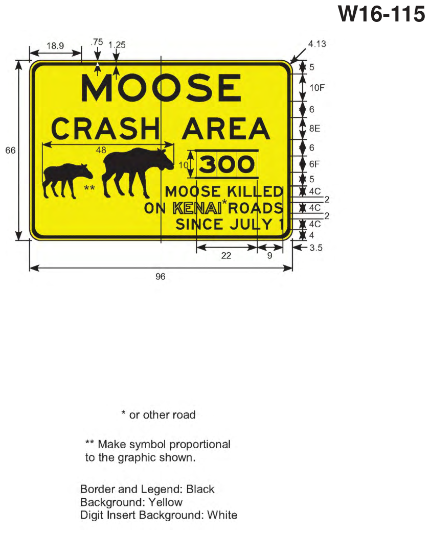 W16-115: MOOSE CRASH AREA Sign (design sheet)