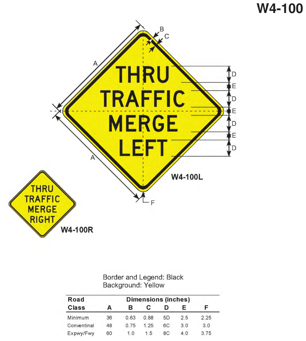 W4-100: THRU TRAFFIC MERGE LEFT (RIGHT) (design sheet)
