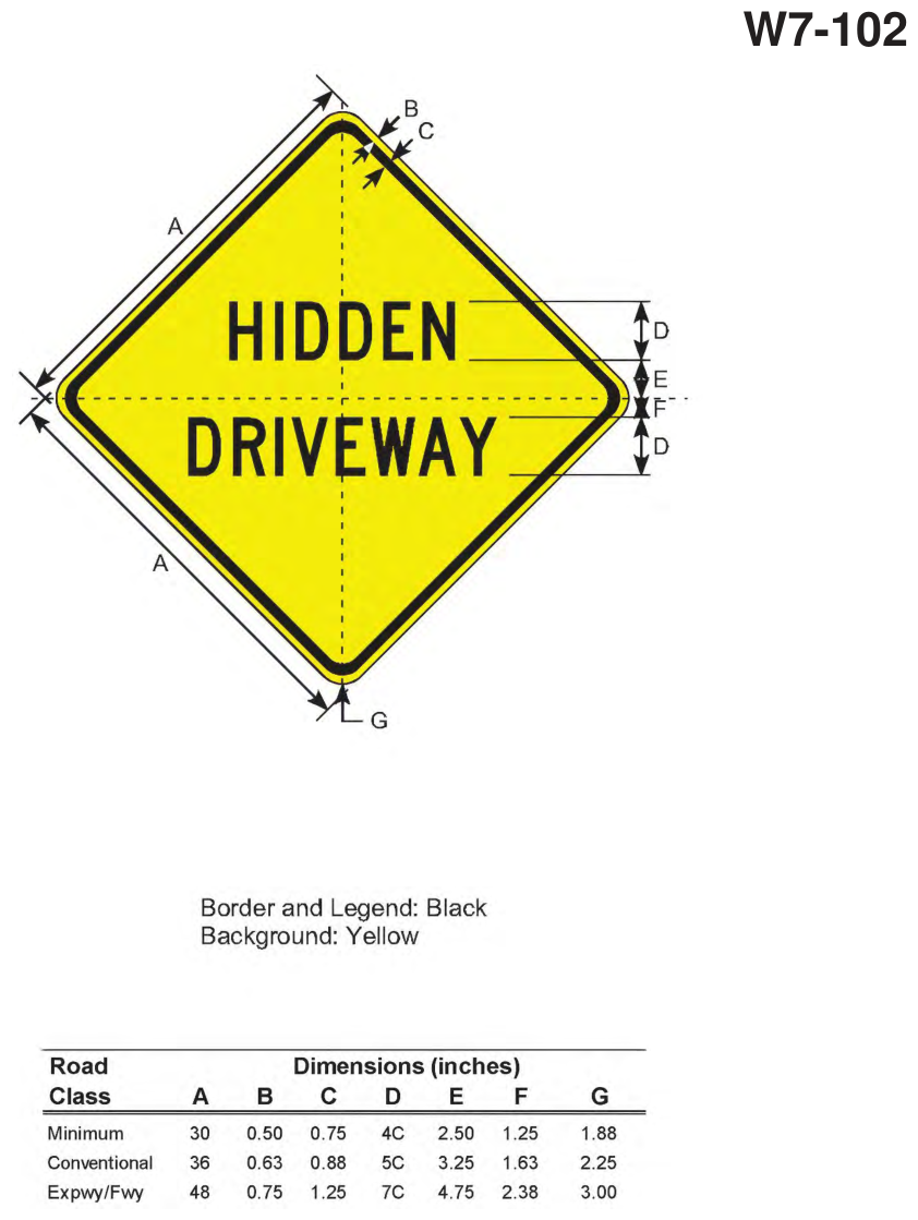 W7-102: HIDDEN DRIVEWAY Sign (design sheet)