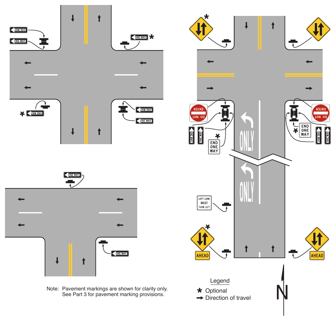 Figure 2B-18. Locations of ONE WAY Signs