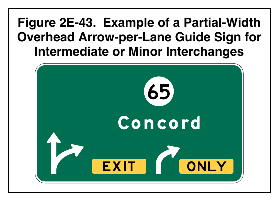 Figure 2E-43. Example of a Partial-Width Overhead Arrow-per-Lane Guide Sign for Intermediate or Minor Interchanges