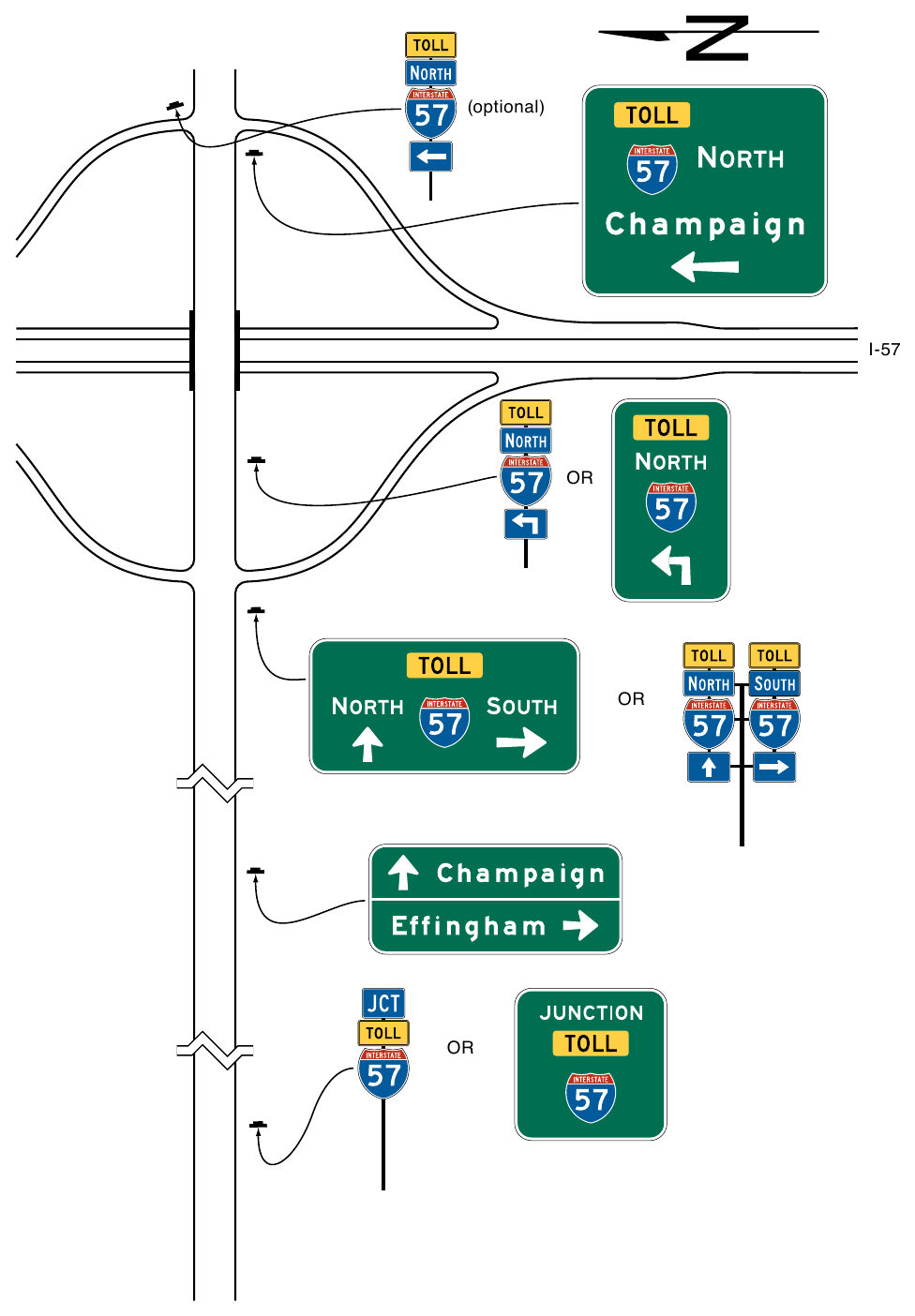 Figure 2F-6. Example of Interchange Crossroad Signing for a One-Lane Approach to a Toll Highway
