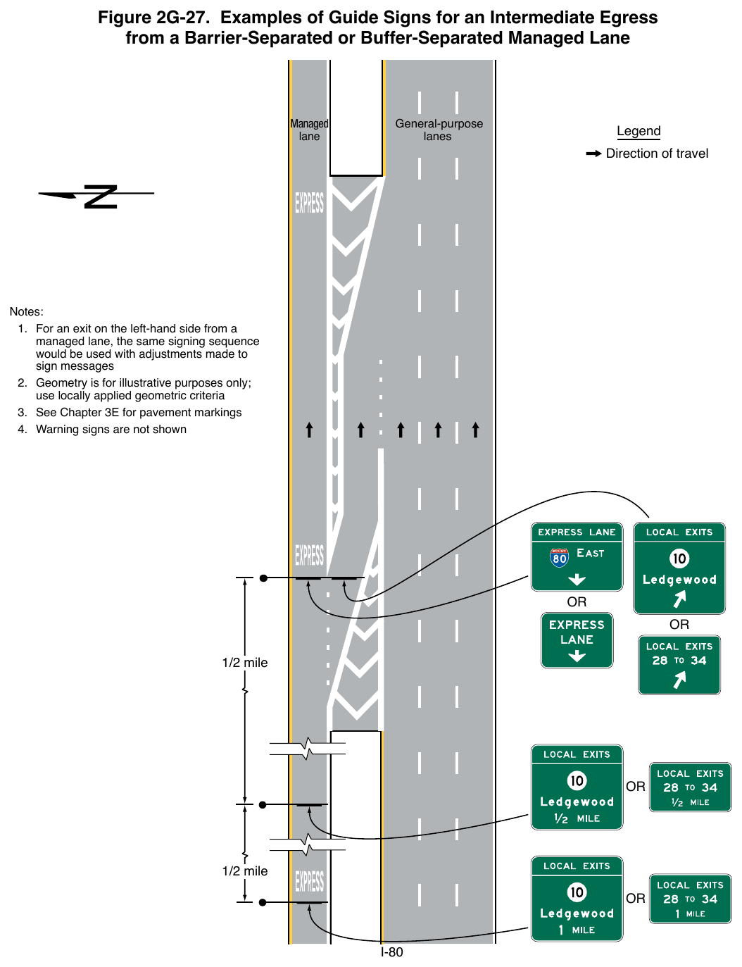 Figure 2G-27. Examples of Guide Signs for an Intermediate Egress from a Barrier-Separated or Buffer-Separated Managed Lane