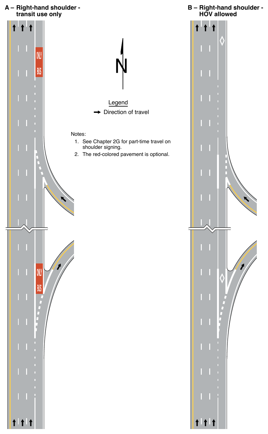 Figure 3E-5. Markings for Part-Time Travel on Shoulder and Application of Pavement Word Markings (Sheet 1 of 3)