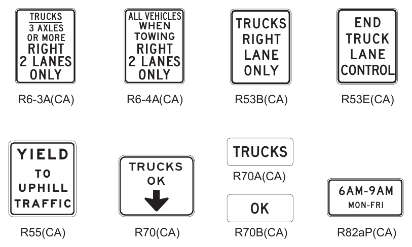Figure 2B-10(CA). California Passing, Keep Right, and Slow Traffic Signs