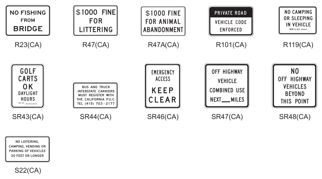 Figure 2B-106(CA). California Miscellaneous Regulatory Signs