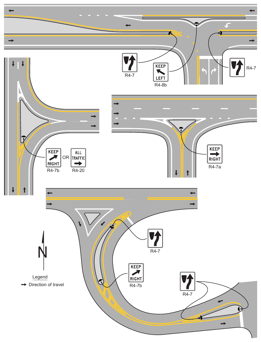 Figure 2B-11. Examples of Keep Right and Keep Left Sign Placement