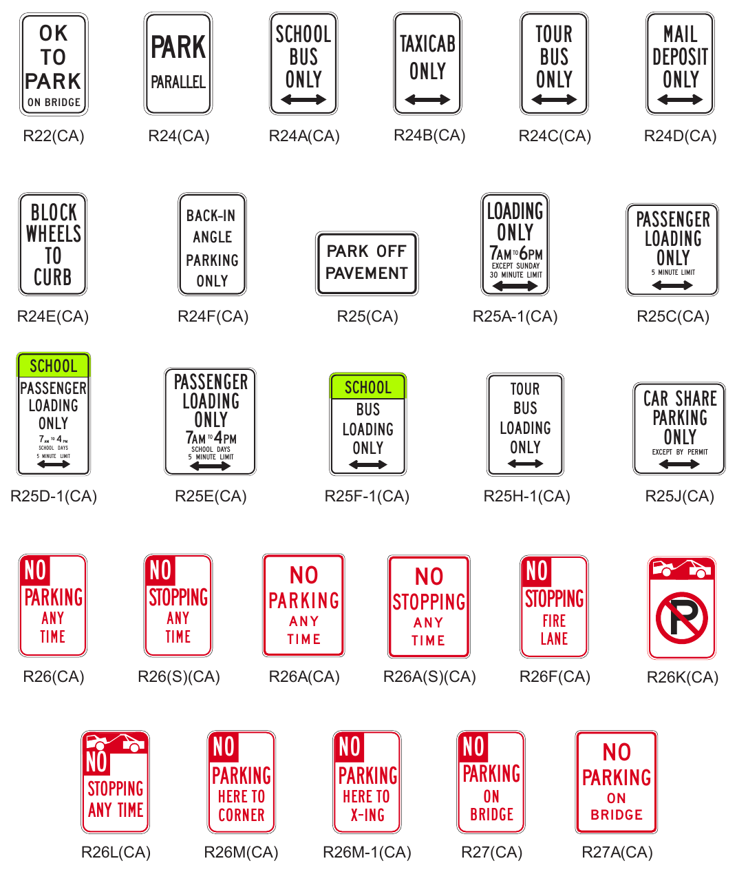 Figure 2B-25(CA). California Parking, Standing, and Stopping Signs and Plaques (Sheet 1 of 3)