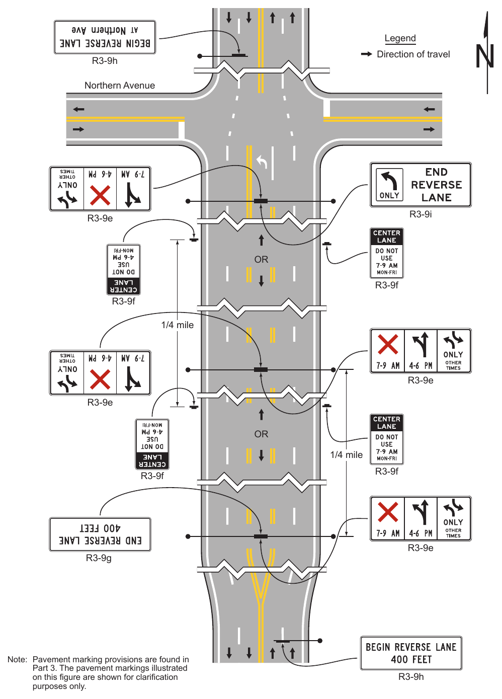 Figure 2B-7. Location of Reversible Two-Way Left-Turn Signs
