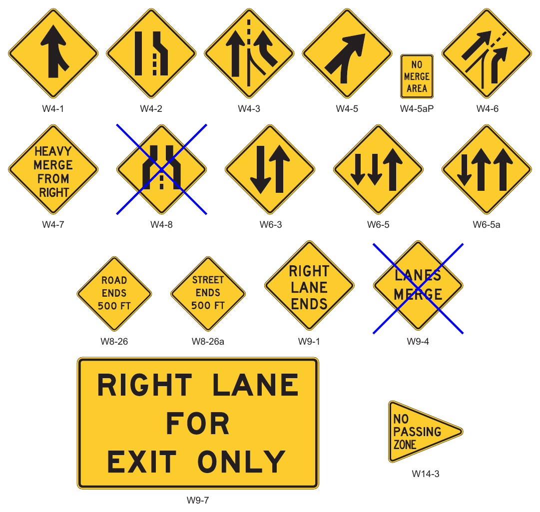 Figure 2C-11. Merging and Passing Signs and Plaques
