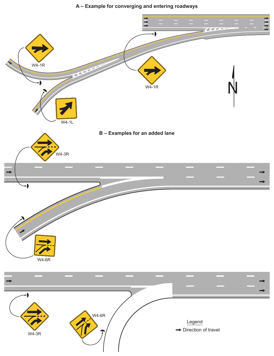 Figure 2C-12. Examples of Merge and Added Lane Sign Placement for Entering and Converging Roadways