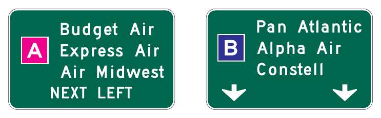 Figure 2D-1. Examples of Color-Coded Destination Guide Signs