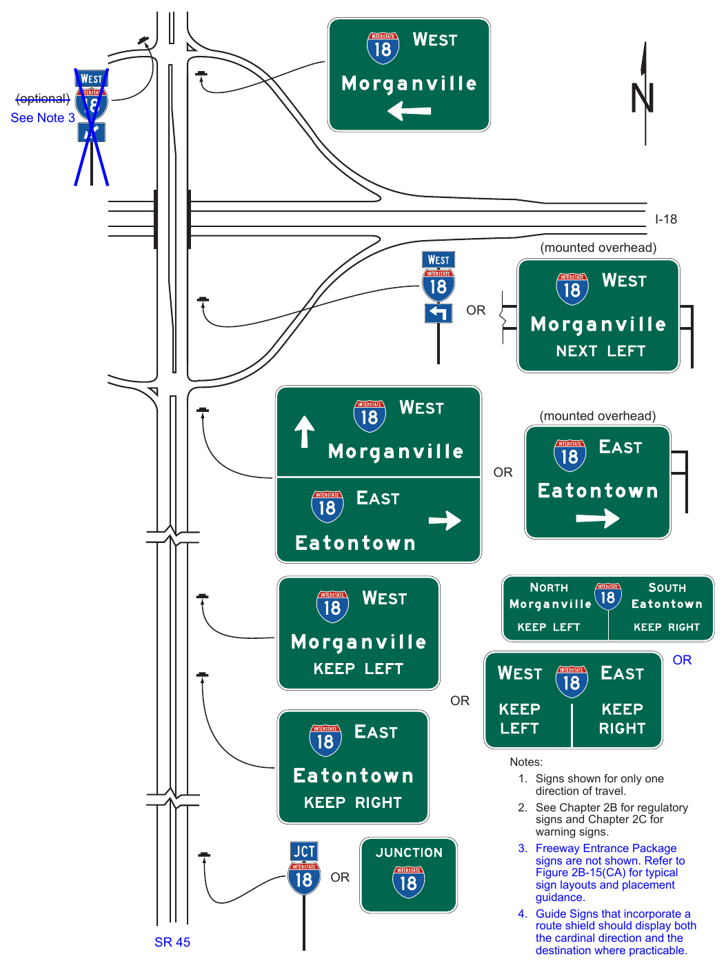 Figure 2D-17. Examples of Multi-Lane Crossroad Guide Signing for a Diamond Interchange