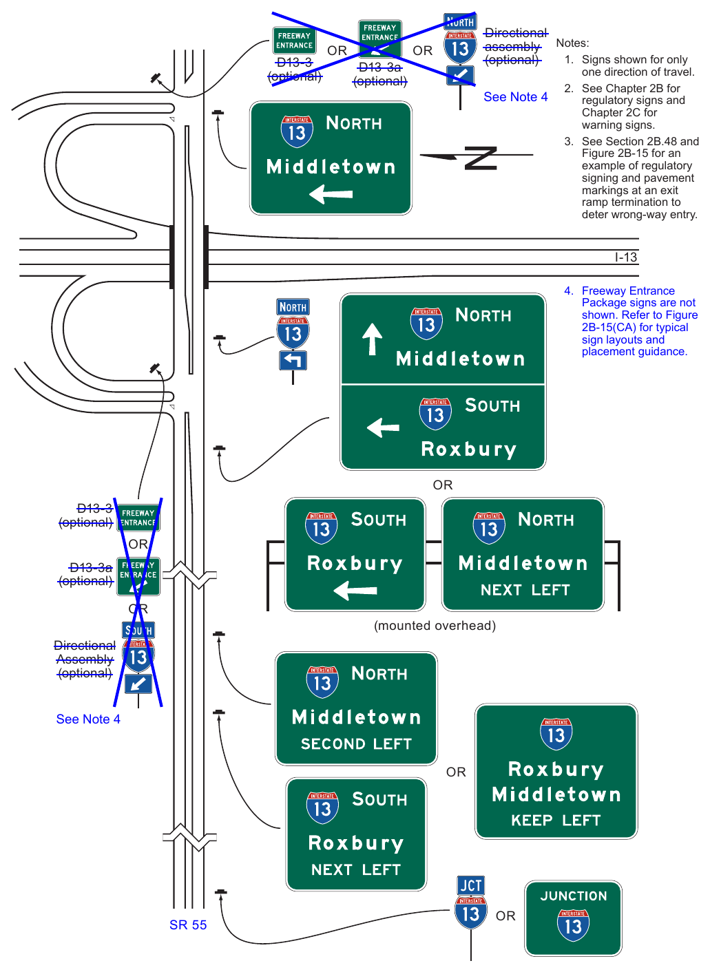 Figure 2D-18. Examples of Multi-Lane Crossroad Guide Signing for a Partial Cloverleaf Interchange