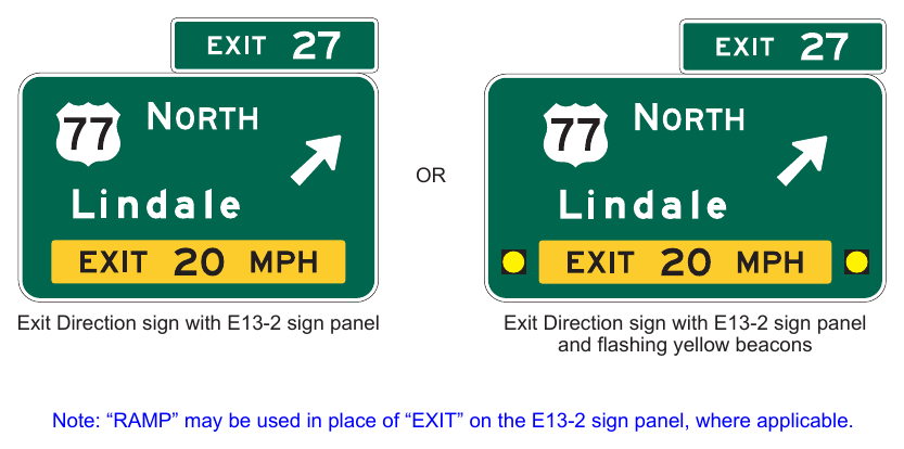 Figure 2E-14. Examples of Exit Direction Signs with Advisory Speed Panels and Flashing Yellow Beacons