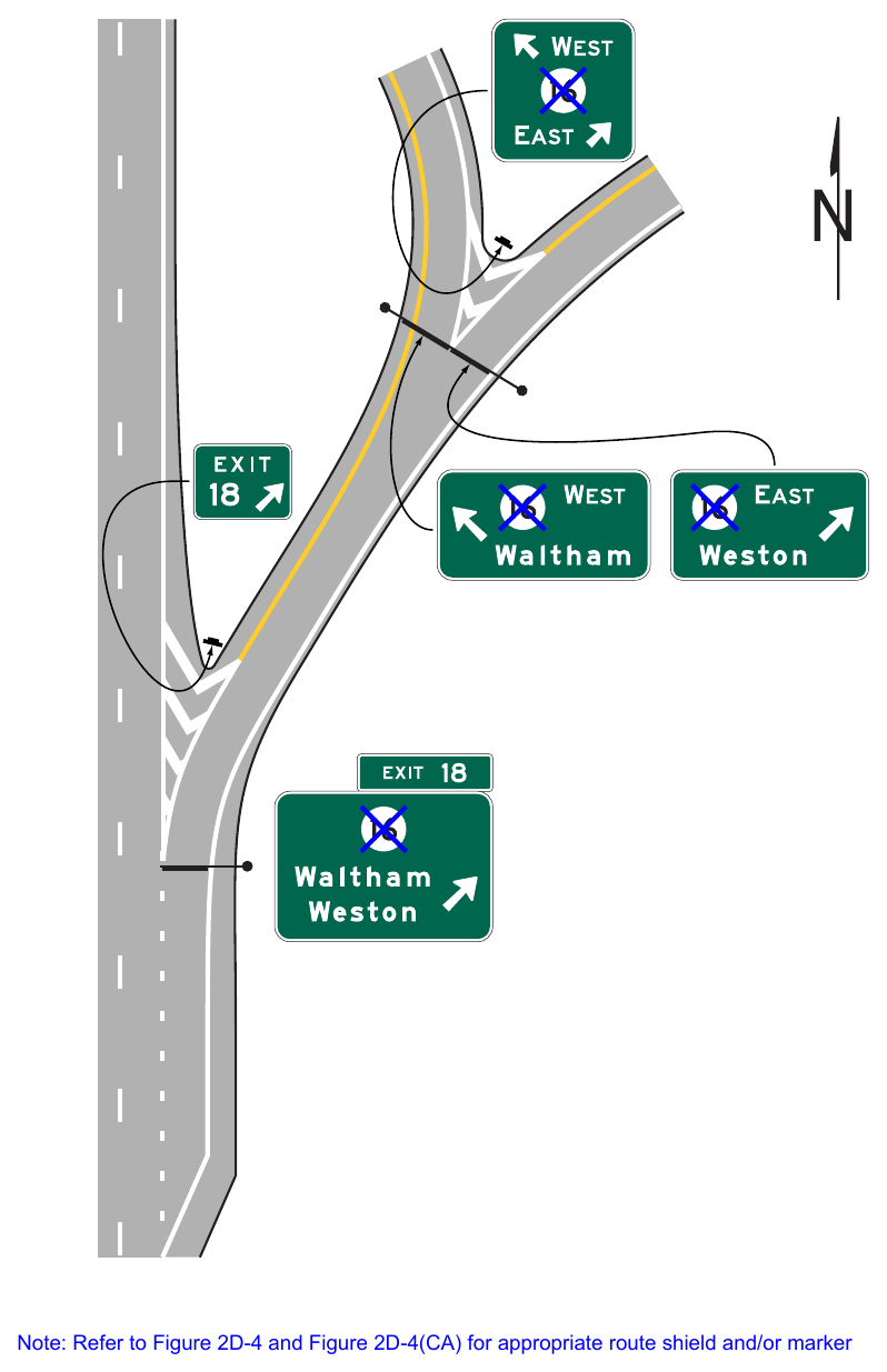 Figure 2E-25. Examples of Signing for an Interchange Exit Ramp with a Downstream Split (Sheet 1 of 2)