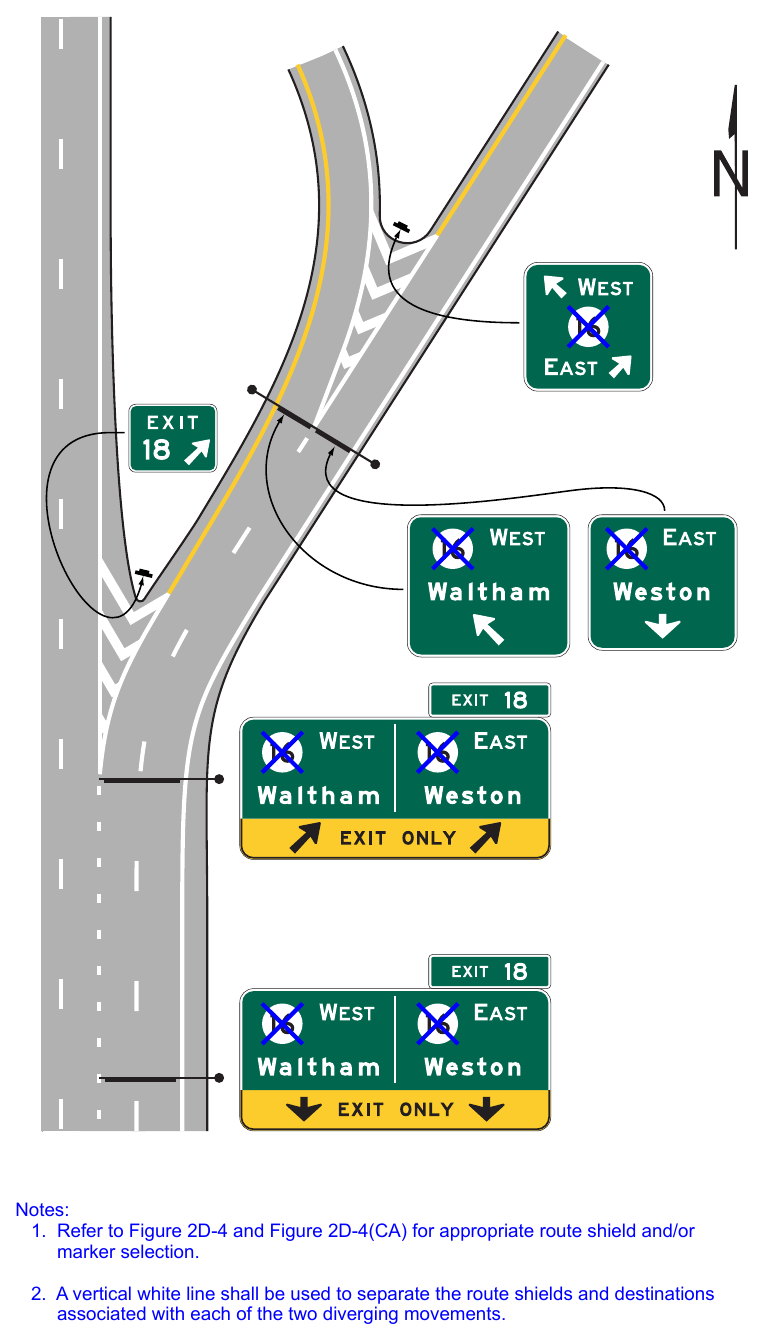 Figure 2E-25. Examples of Signing for an Interchange Exit Ramp with a Downstream Split (Sheet 2 of 2)