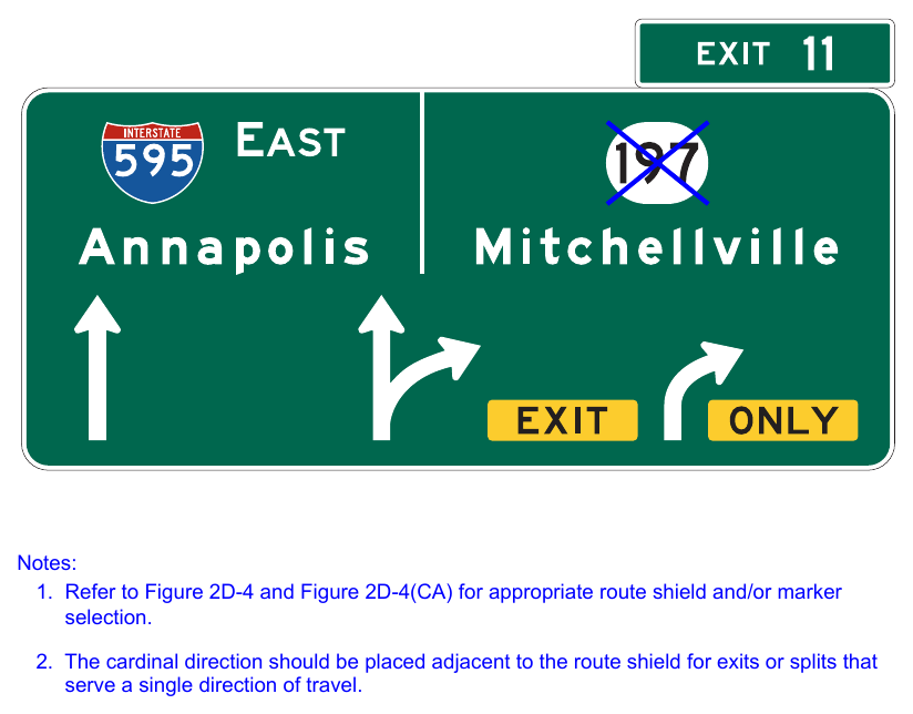Figure 2E-35. Example of an Overhead Arrow-per-Lane Guide Sign for a Multi-Lane Exit with an Option Lane