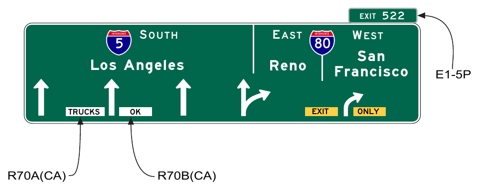 Figure 2E-36(CA). California Example of Overhead Arrow-per-Lane Guide Signs for a Two-Lane Exit to the Right with an Option Lane