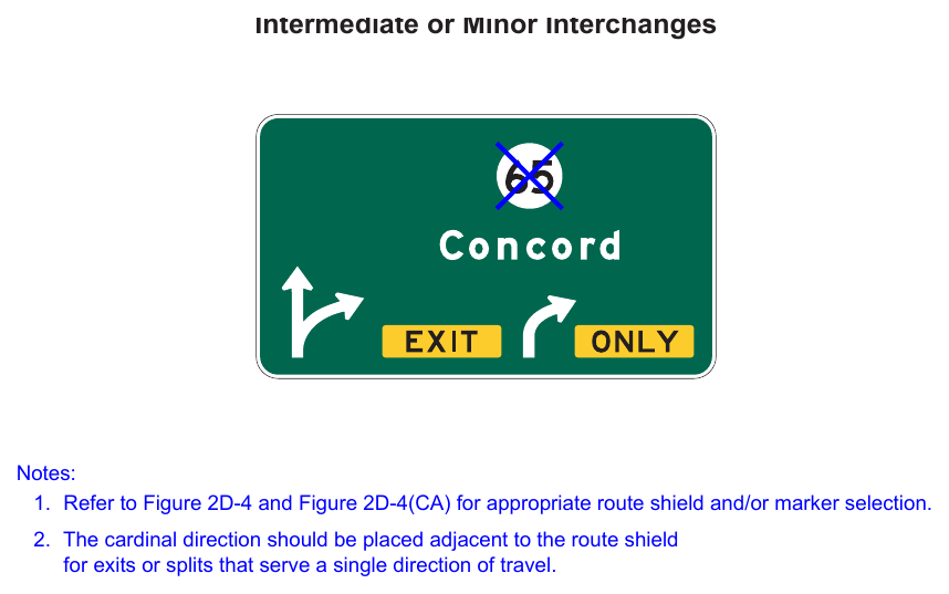 Figure 2E-43. Example of a Partial-Width Overhead Arrow-per-Lane Guide Sign for Intermediate or Minor Interchanges