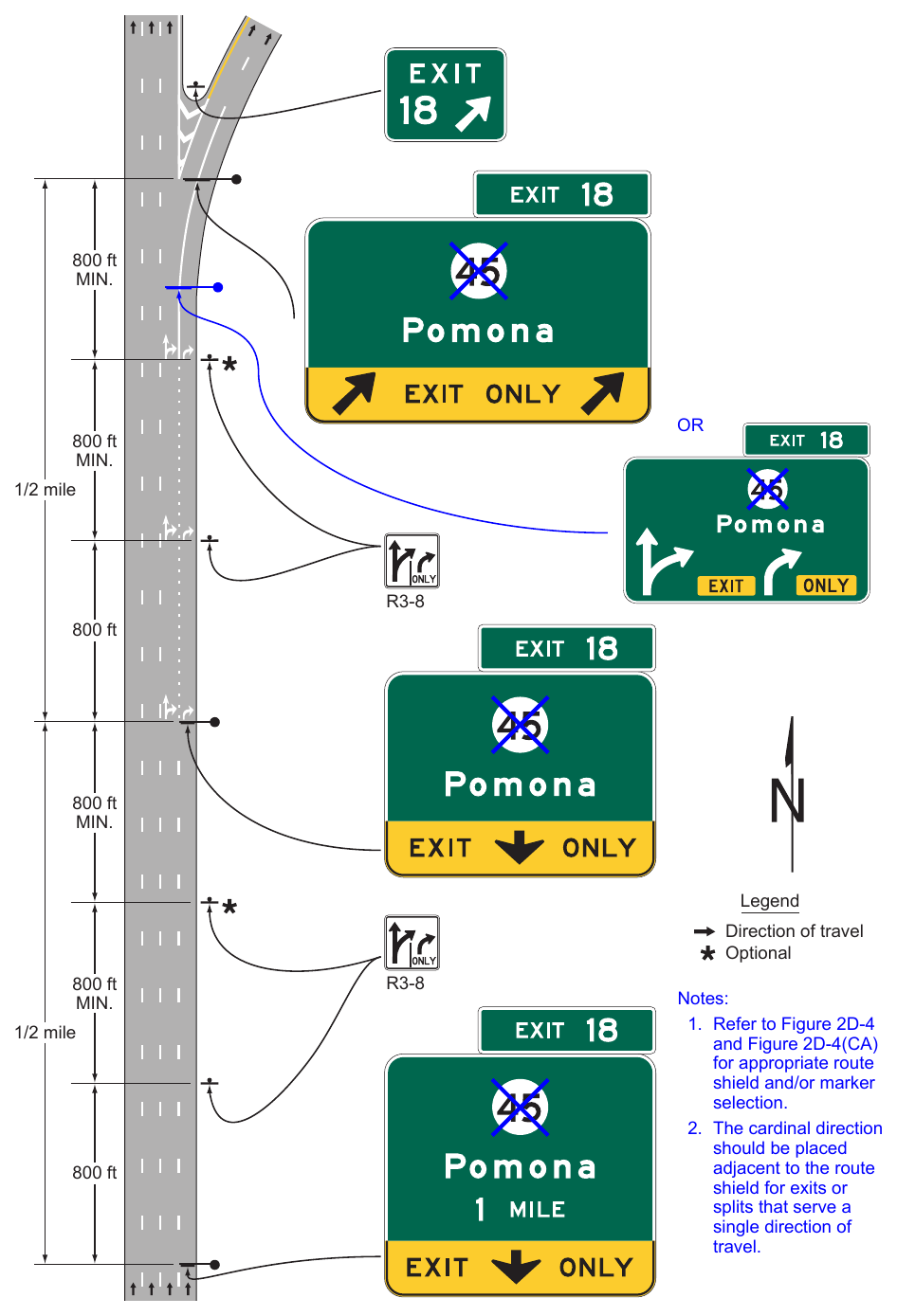 Figure 2E-46. Example of Signing for a Two-Lane Intermediate or Minor Interchange Exit with an Option Lane and a Dropped Lane