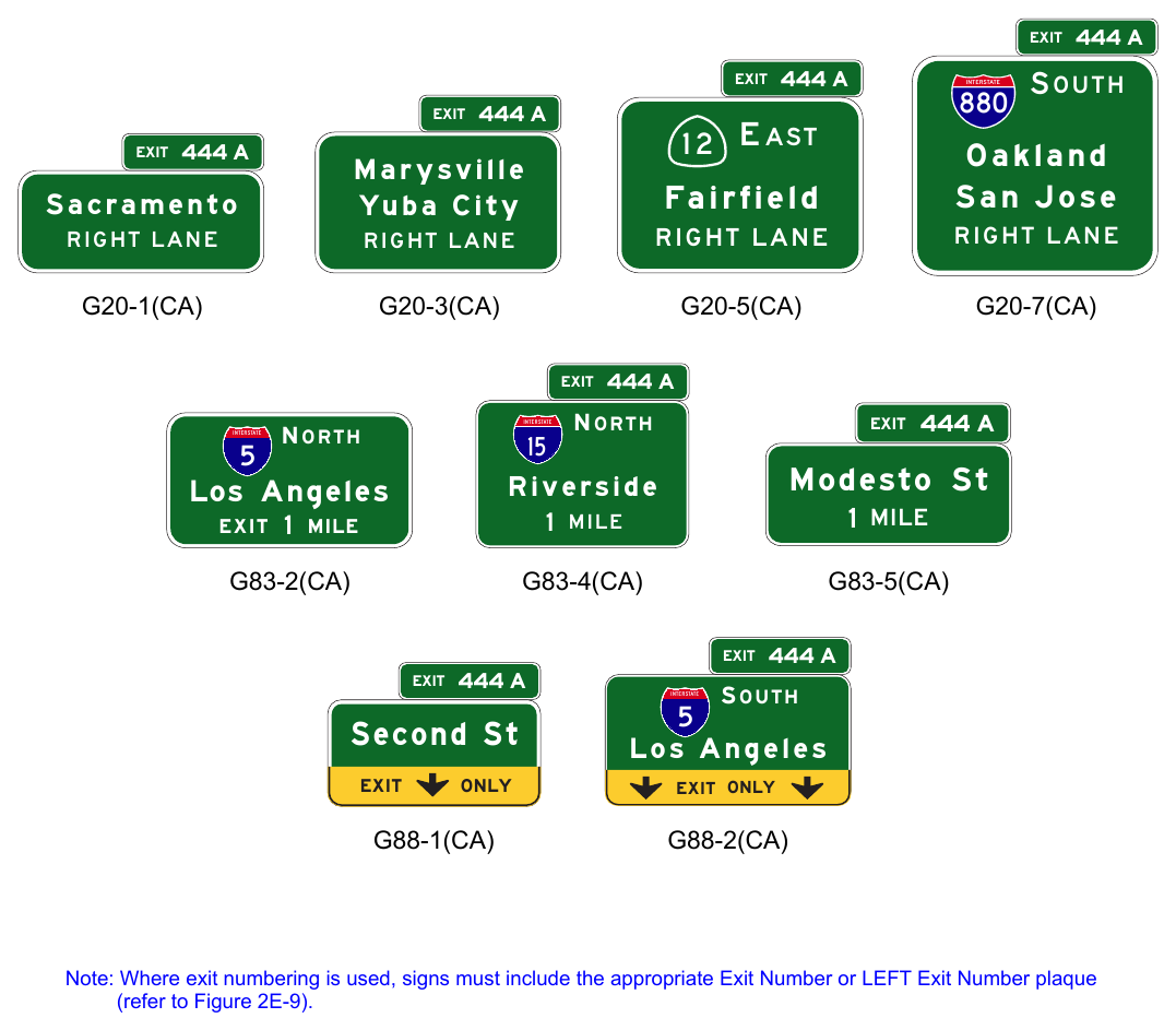 Figure 2E-9(CA). California Examples of Interchange Advance Guide Signs, Exit Number Plaques, and LEFT Plaque