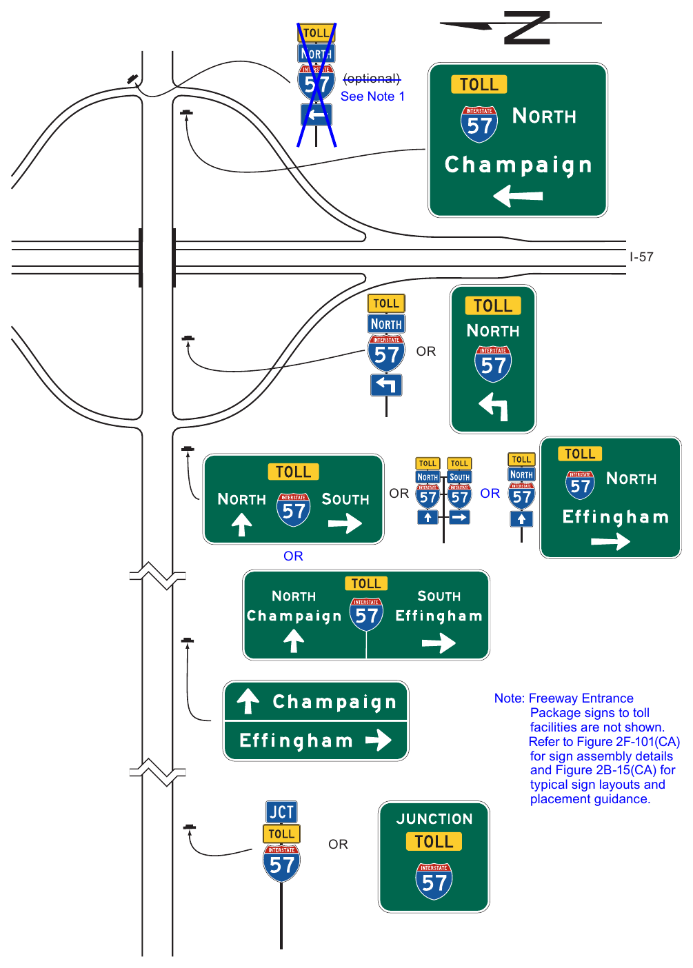 Figure 2F-6. Example of Interchange Crossroad Signing for a One-Lane Approach to a Toll Highway