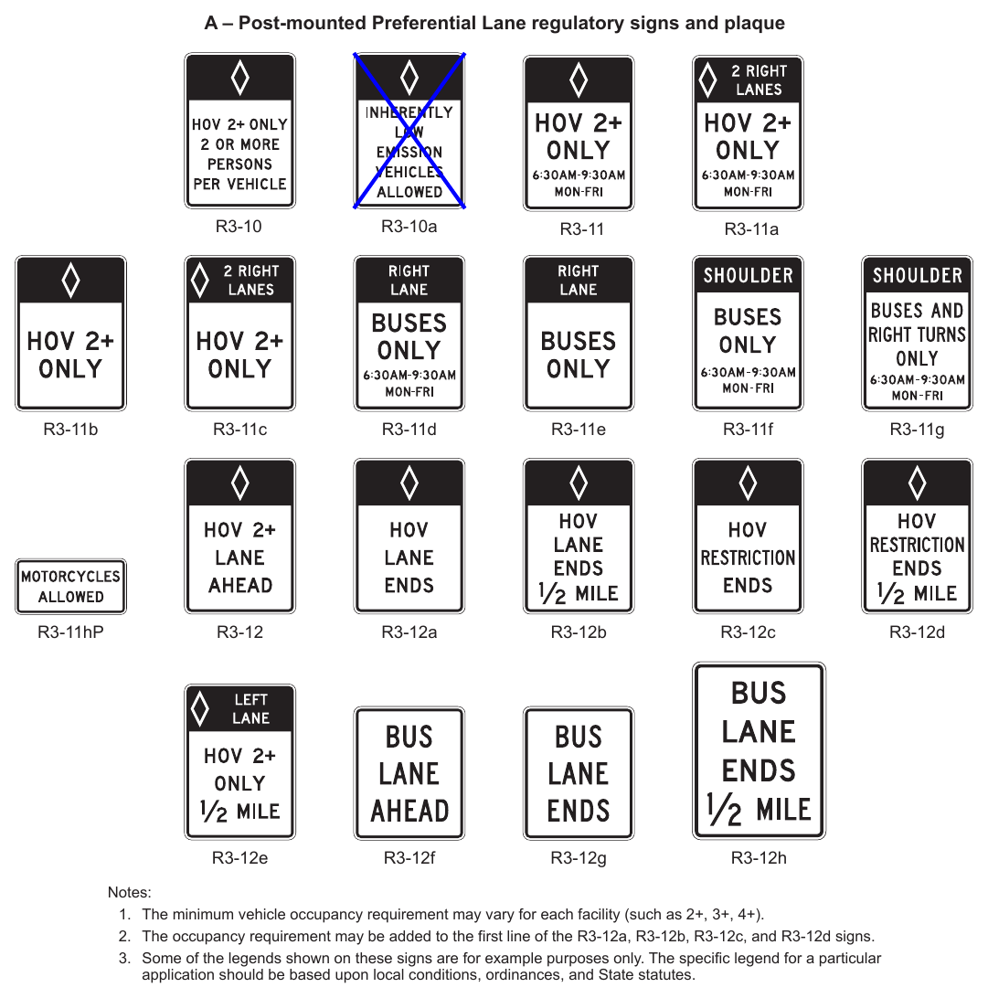 Figure 2G-1. Preferential Lane Regulatory Signs and Plaque (Sheet 1 of 2)