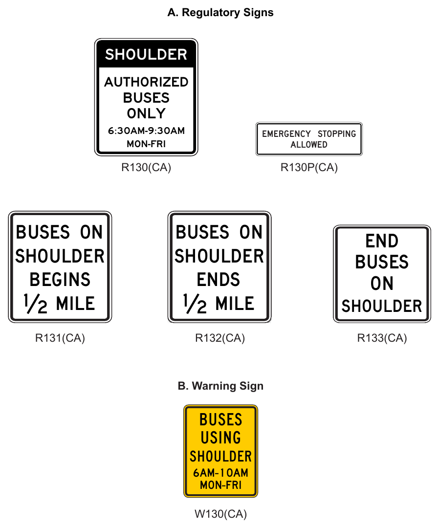 Figure 2G-101(CA). California Signs and Plaques for Part-Time Transit Bus on Shoulder
